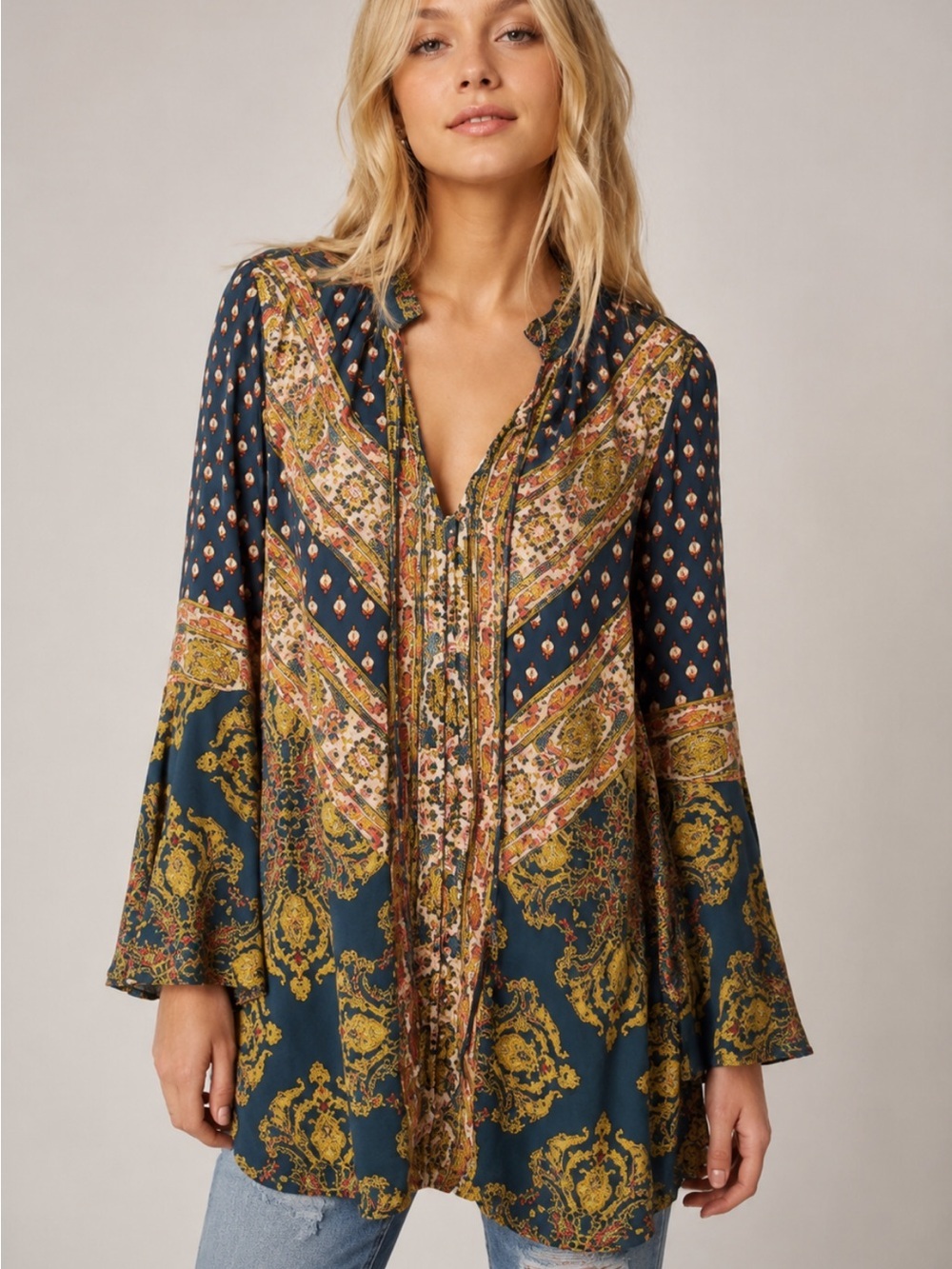 Free People Navy Magic Mystery Long Sleeve Tunic Shirt Small 8374